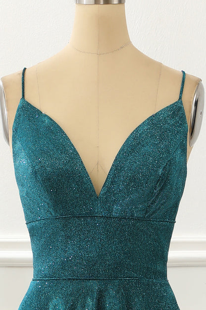 Spaghetti Straps Blue Long Sparkly Prom Dress V-neck Sexy Beautiful