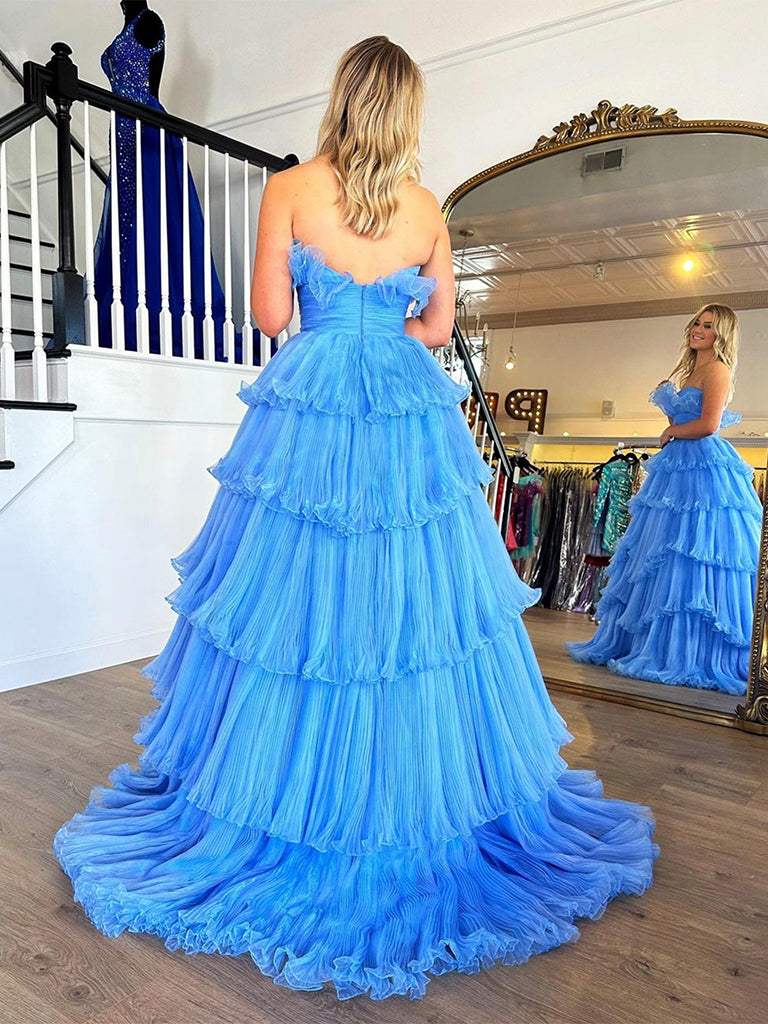 Blue A-Line Long Prom Dress Formal Dress Strapless December Wedding Guest Dress