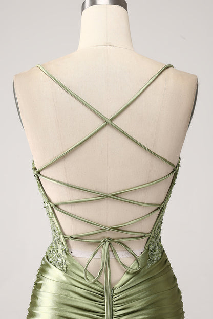 Mermaid Sage Spaghetti Straps Lace-up Back Prom Dress With Slit Sexy Beautiful