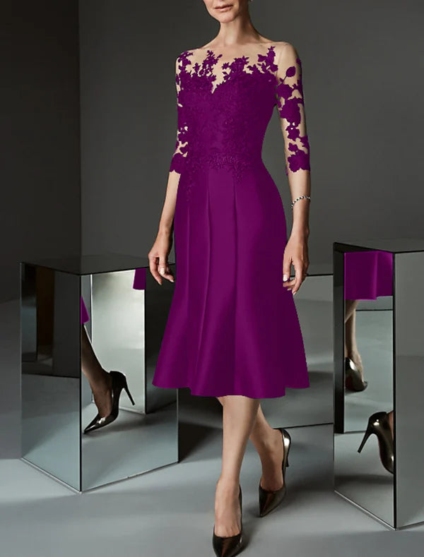 Mermaid / Trumpet Mother of the Bride Dress Wedding Guest See Through Bateau Neck Knee Length Satin Lace 3/4 Length Sleeve with Buttons Appliques Elegant