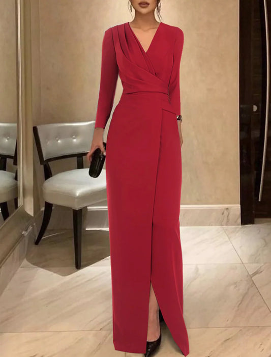 Sheath / Column Evening Gown Elegant Dress Formal Floor Length Long Sleeve V Neck Stretch Fabric with Ruched And Slit