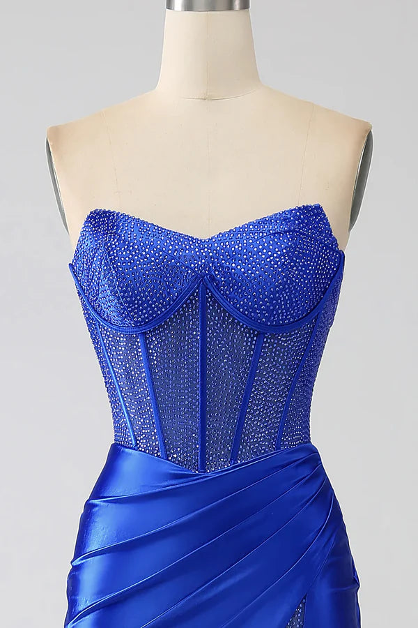 Mermaid Strapless Royal Blue Corset Prom Dress with Beading Sexy Evening Dress