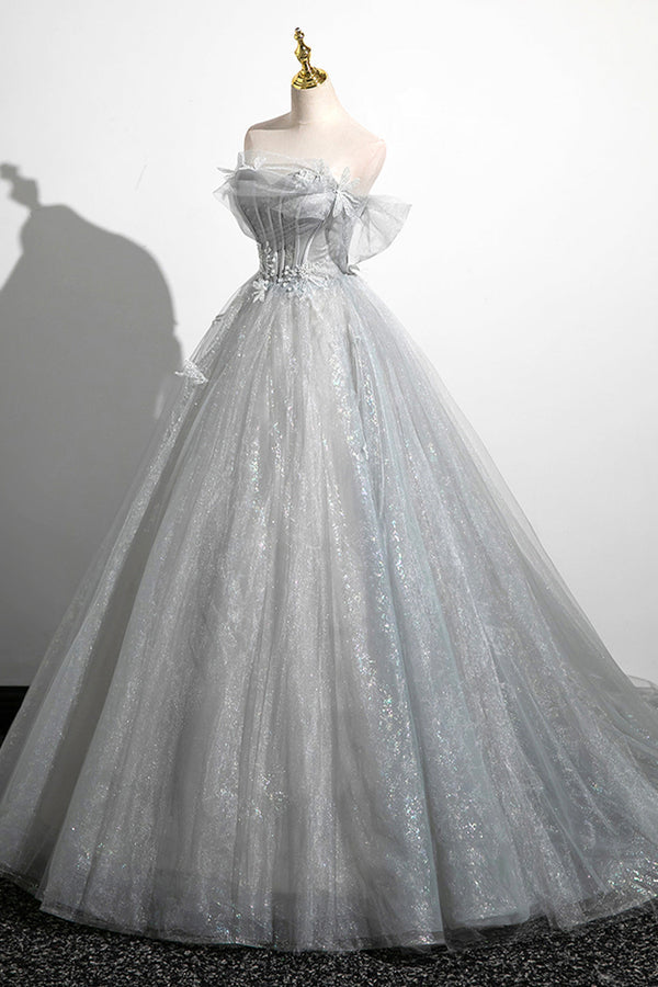 Gray A-Line Off the Shoulder Tulle Prom Dress Lovely Corset Floor Length Party Dress Beautiful