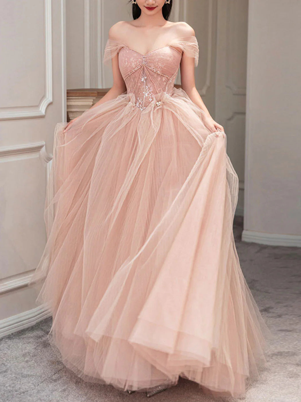 Pink tulle lace long prom dress evening dress A Line Off Shoulder december wedding guest dress