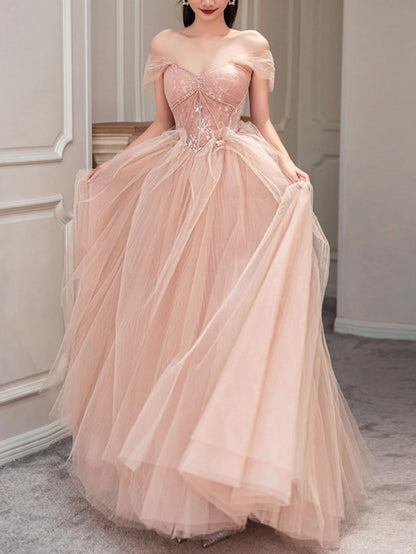 Pink tulle lace long prom dress evening dress A Line Off Shoulder december wedding guest dress