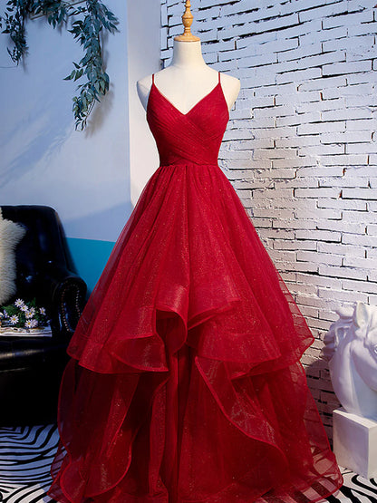 Burgundy v neck tulle long prom dress evening dress Sparkly A Line Formal Dress