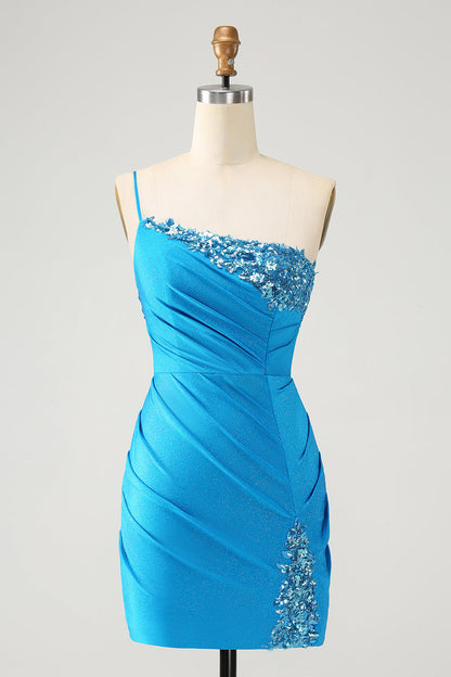 Sparkly Blue Bodycon One Shoulder Pleated Short Homecoming Dress with Sequins Sexy