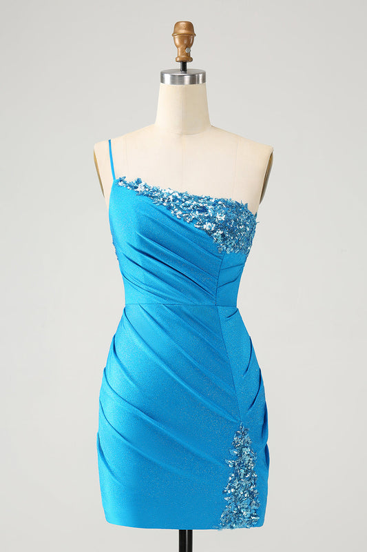 Sparkly Blue Bodycon One Shoulder Pleated Short Homecoming Dress with Sequins Sexy