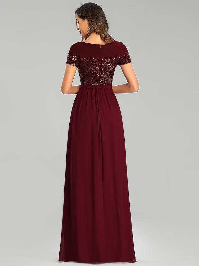 A-Line Jewel Neck Floor Length Chiffon Bridesmaid Dress with Sash Ribbon Sequin Sparkle & Shine