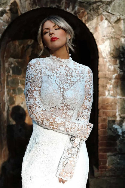 Lace Wedding Dress High Neck Tulle Appliques Bridal Dress With Sweep Train Long Sleeves Elegant