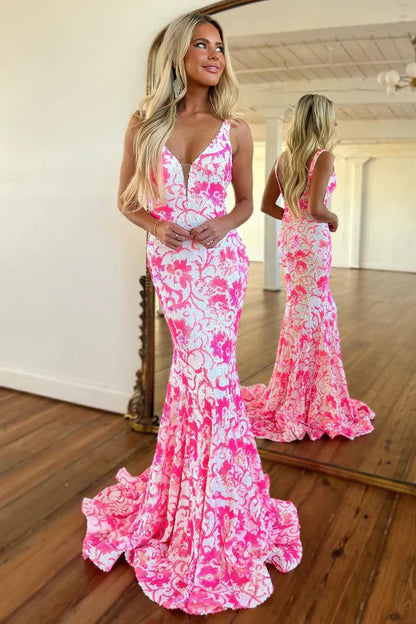 Pink V Neck Sequin Lace Mermaid Prom Dress Floor Length Sexy Evening Dress