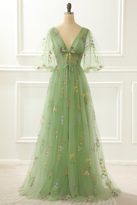 A-Line Green Princess Prom Dress With Embroidery V-neck Floor Length