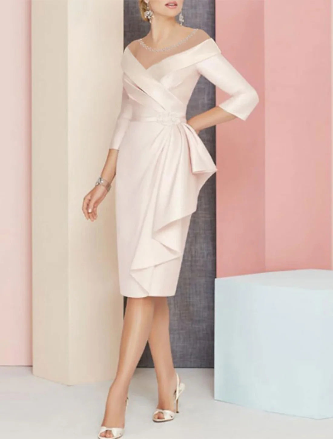 Sheath / Column Mother of the Bride Dress Wedding Guest Elegant Vintage Plus Size V Neck Knee Length Satin 3/4 Length Sleeve with Sash / Ribbon