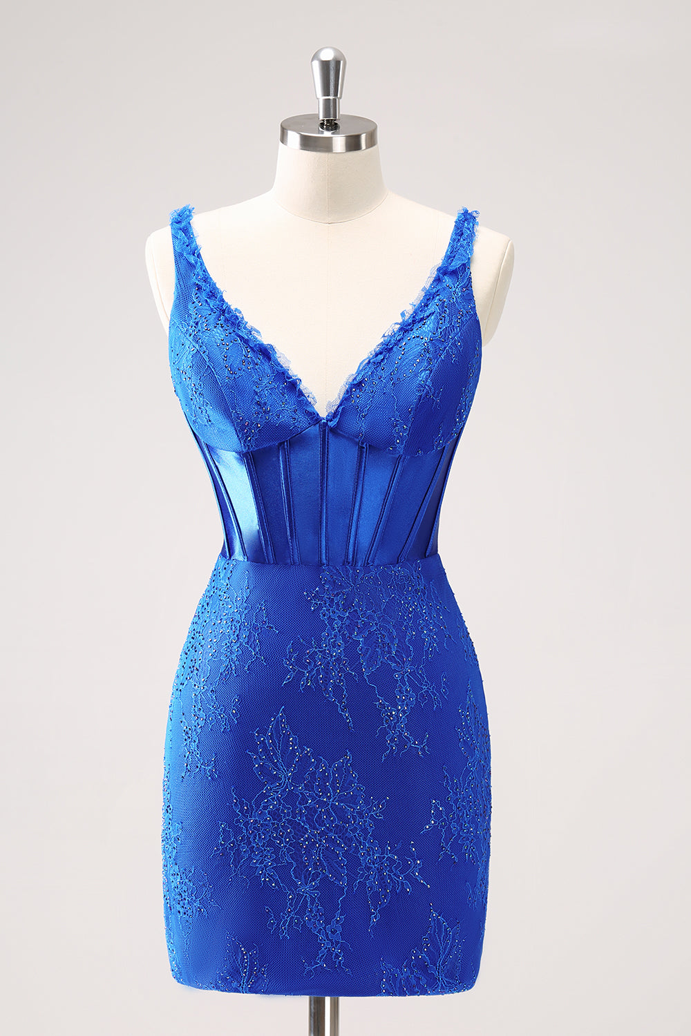 Sparkly Royal Blue Bodycon V Neck Beaded Corset Ruched Homecoming Dress with Lace Up Back Short