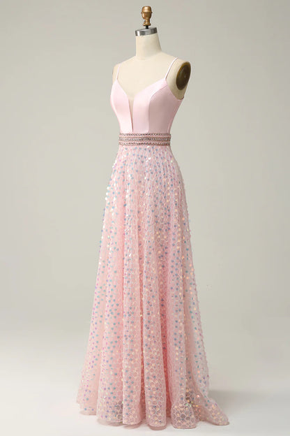 A Line Spaghetti Straps Pink Long Prom Dress with Sequins