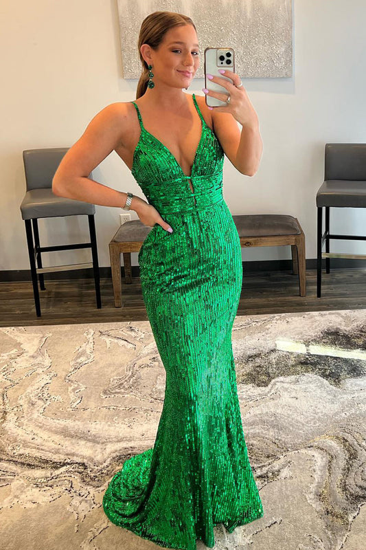 Mermaid Spaghetti Straps Green Sequins Backless Long Prom Dress V-neck Sexy Sparkly