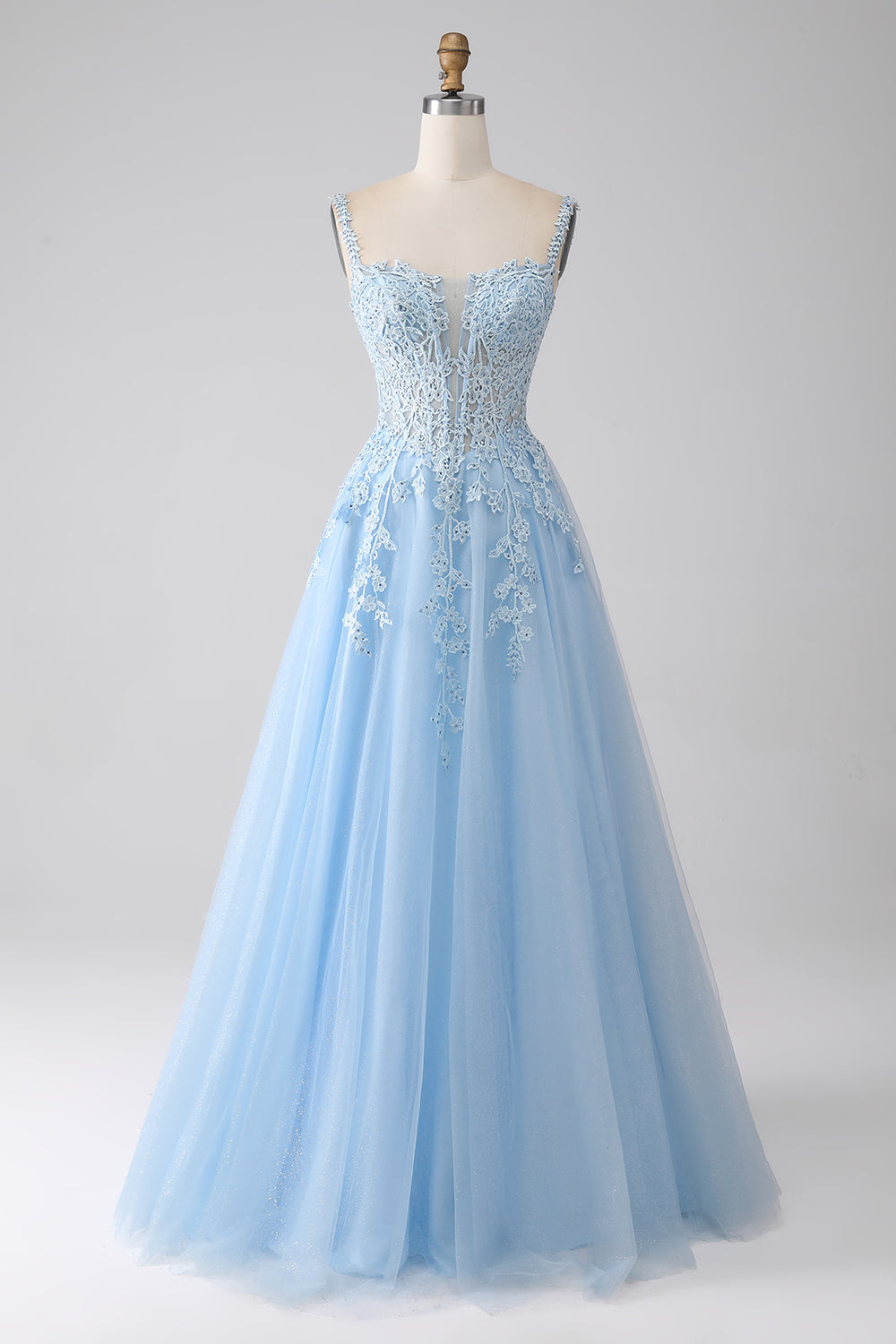 A-Line Light Blue Corset Prom Dress with Appliques Floor Length Beautiful