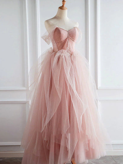 Pink tulle lace long prom dress evening dress A Line Off Shoulder december wedding guest dress