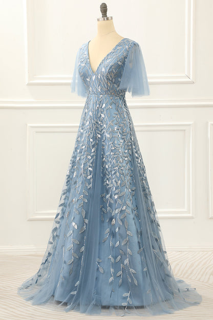 A Line Tulle Prom Dress With Lace Appliques V-neck Floor Length Beautiful