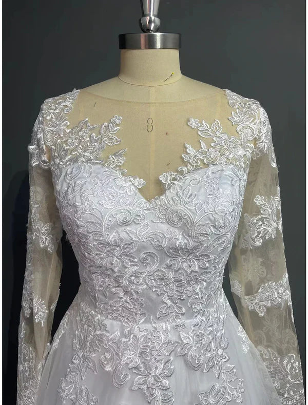 Open Back Formal Wedding Dresses A-Line Illusion Neck Long Sleeve Court Train Lace Bridal Gowns With Appliques Beautiful