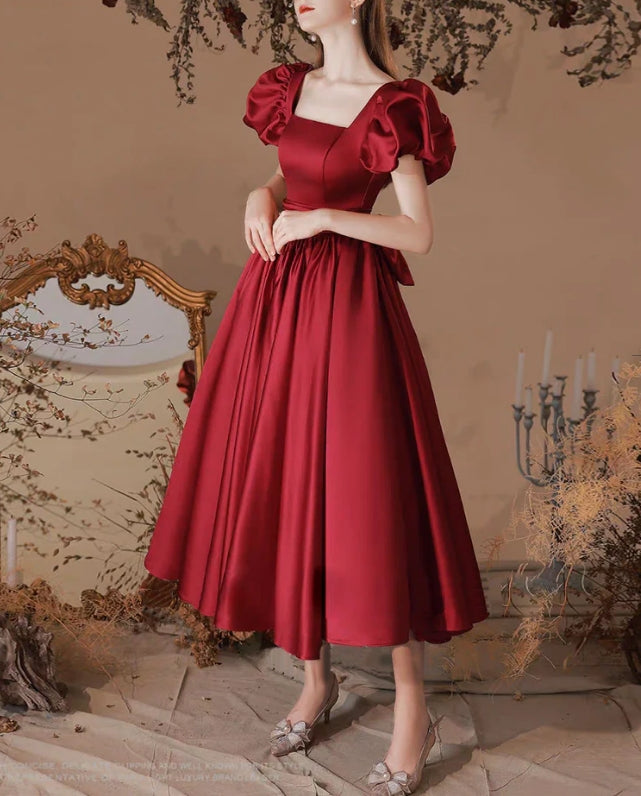 A-Line Satin Tea Length Burgundy Prom Dress Formal Dress Elegant Evening Dress december wedding guest dress