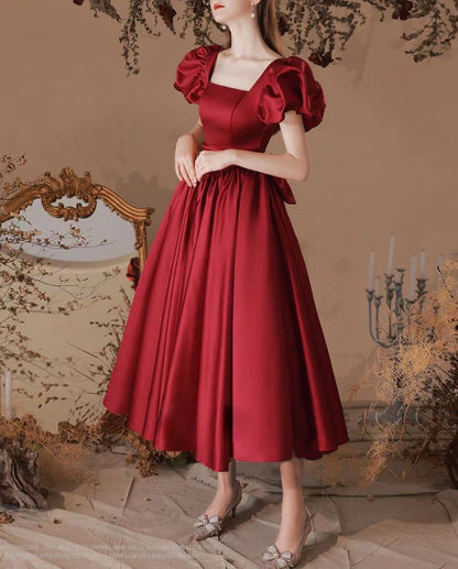 A-Line Satin Tea Length Burgundy Prom Dress Formal Dress Elegant Evening Dress december wedding guest dress