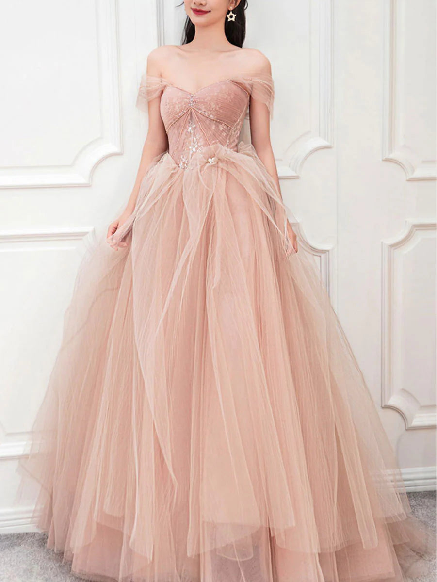 Pink tulle lace long prom dress evening dress A Line Off Shoulder december wedding guest dress