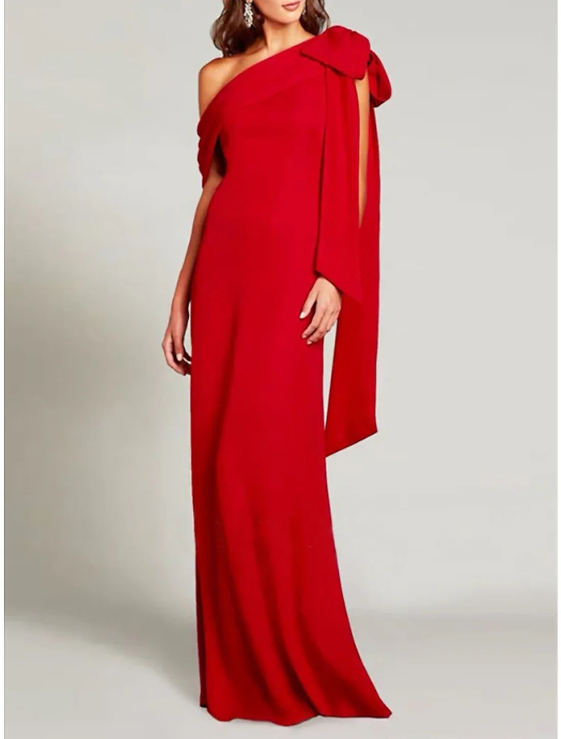 Sheath / Column Evening Gown Elegant Dress Formal Sweep / Brush Train Christmas Red Green Dress Short Sleeve One Shoulder Charmeuse with Bow(s) Pleats Slit Solid Color