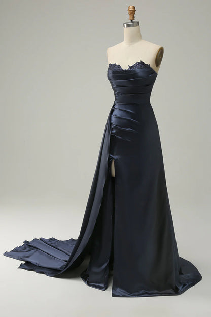 A Line Strapless Sweetheart Navy Long Prom Dress with Split