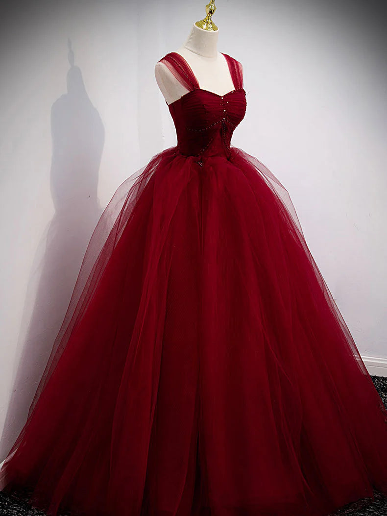 Simple burgundy tulle sequin long prom dress evening dress A Line Formal Dress december wedding guest dress