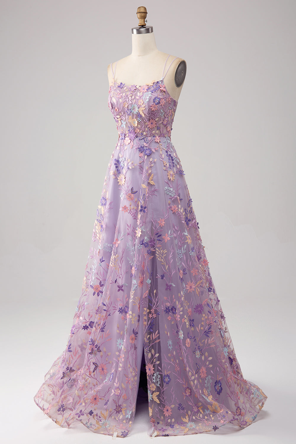 Light Purple A-Line Spaghetti Straps Long Prom Dress with Appliques Flowers