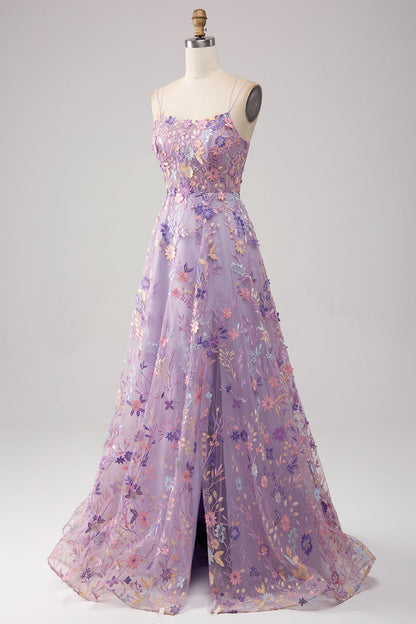 Light Purple A-Line Spaghetti Straps Long Prom Dress with Appliques Flowers