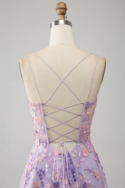 Light Purple A-Line Spaghetti Straps Long Prom Dress with Appliques Flowers