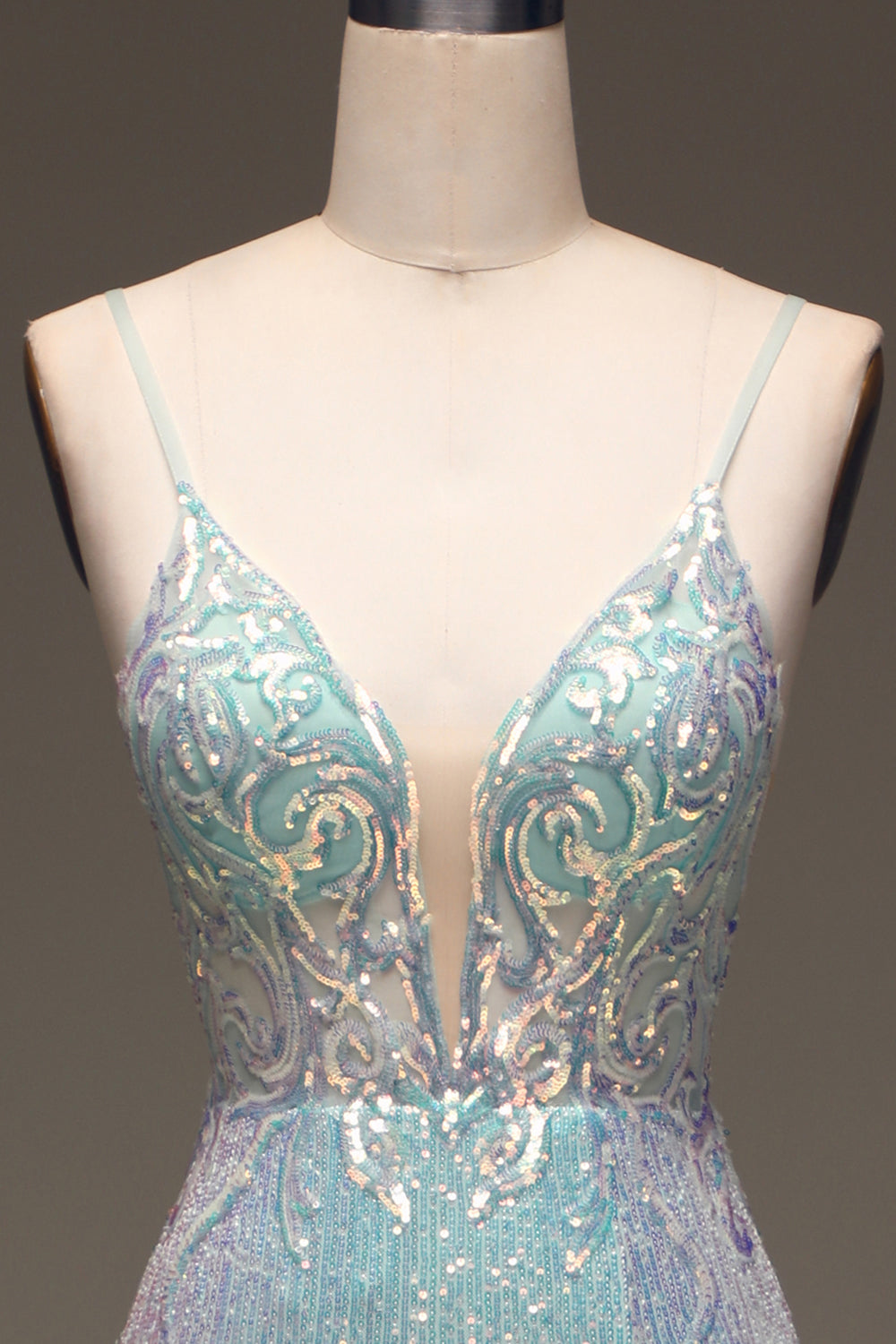 Mermaid Spaghetti Straps Grey Blue Prom Dress With Slit Sparkly Evening Dress