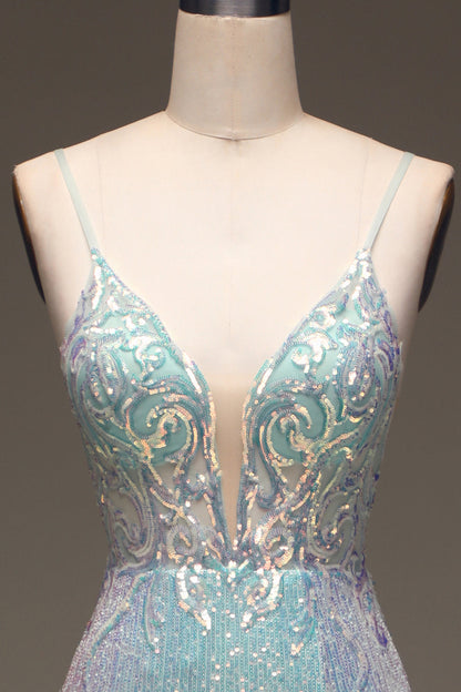 Mermaid Spaghetti Straps Grey Blue Prom Dress With Slit Sparkly Evening Dress