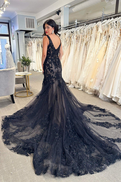 Black Tulle Appliques V-Neck Trumpet Long Wedding Dress Sexy Beautiful