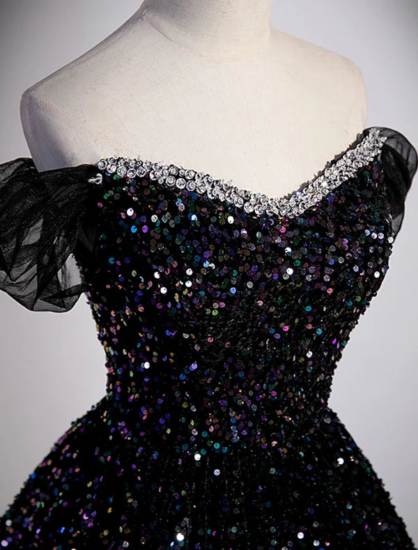 Ball Gown Prom Dresses Sparkle & Shine Dress Wedding Guest Birthday Court Train Sleeveless Off Shoulder Sequined