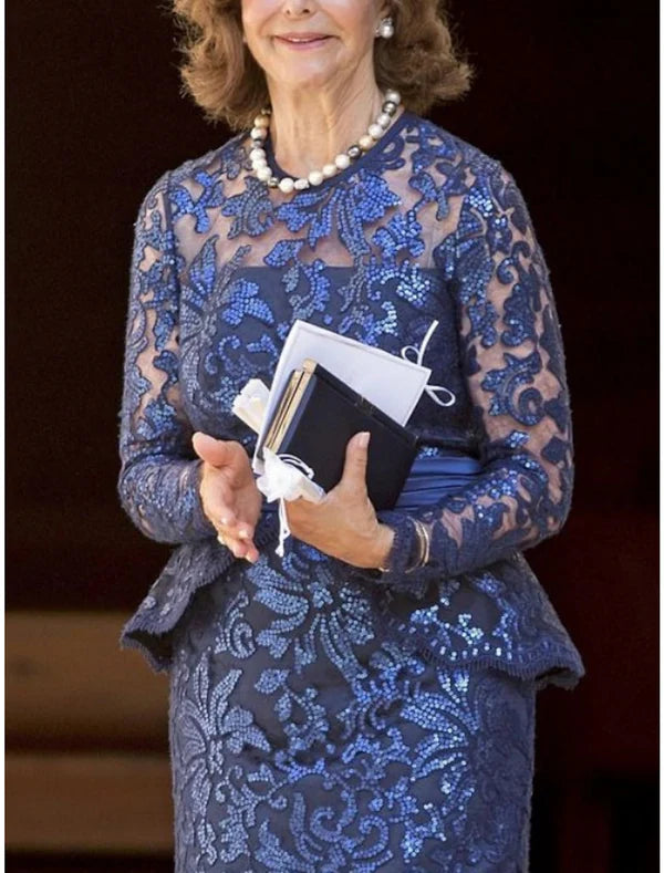 Sheath / Column Mother of the Bride Dress Wedding Guest Elegant Party Sparkle & Shine Jewel Neck Ankle Length Sequined Long Sleeve with Lace Ruffles Beautiful