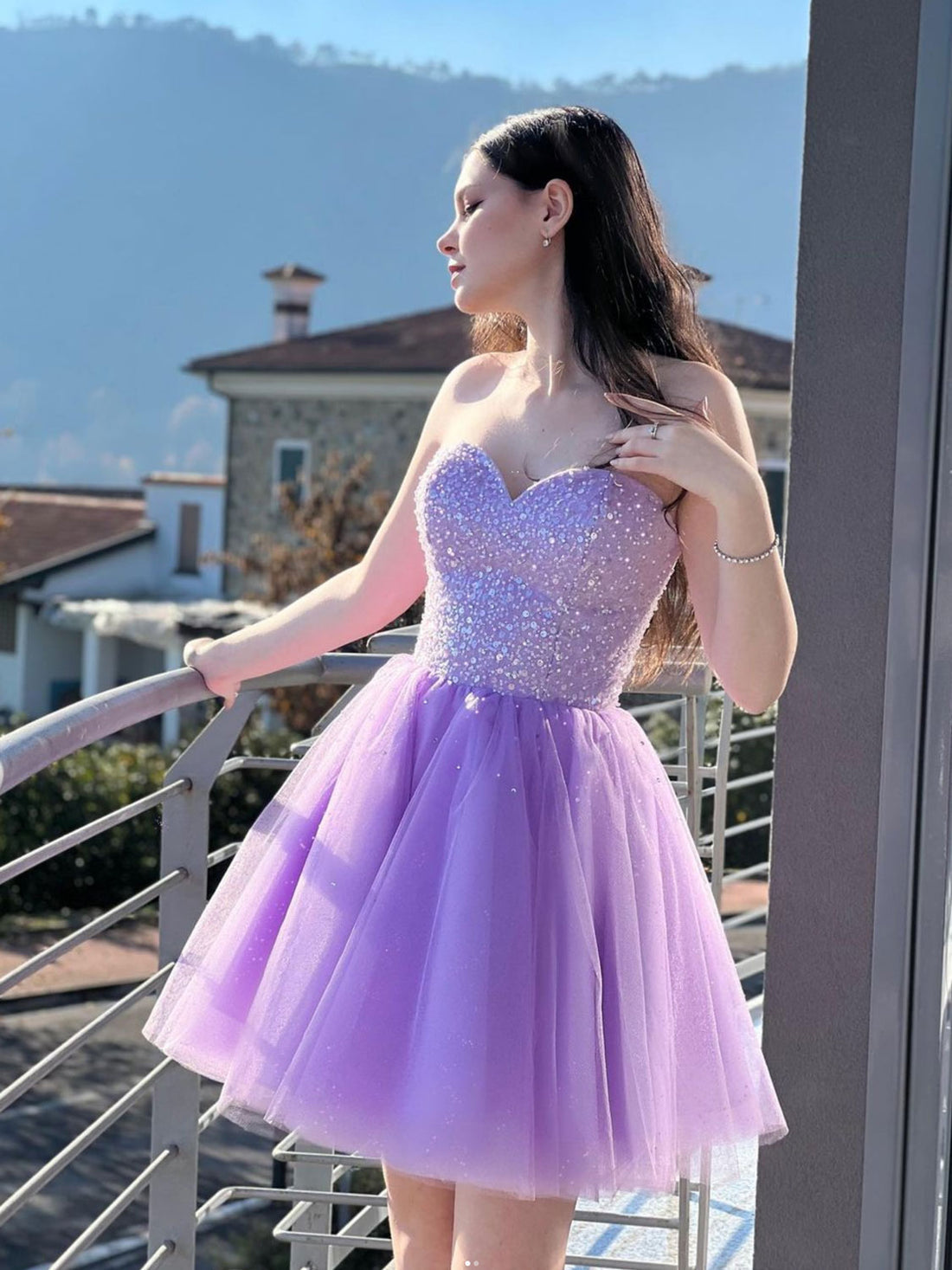Purple Sweetheart Neck Short Prom Dress A Line Strapless Sparkly Homecoming Dress