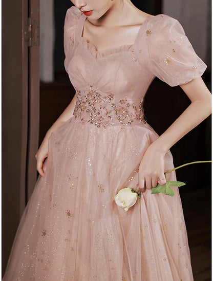 A-Line Prom Dresses Elegant Dress Engagement Prom Floor Length Half Sleeve Square Neck Satin with Appliques Sparkly Evening Dress