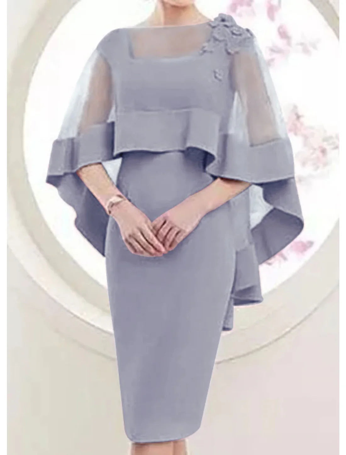 Sheath / Column Mother of the Bride Dress Elegant Square Neck Knee Length Satin Tulle 3/4 Length Sleeve with Appliques Beautiful