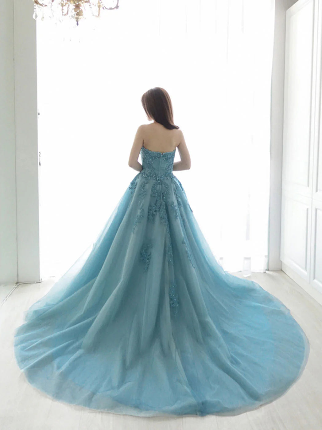 A Line Blue Sweetheart Neck Tulle Lace Long Prom Dress Strapless Evening dress With Appliques