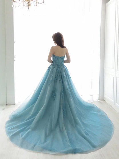 Blue sweetheart neck tulle lace long prom dress evening dress Off Shoulder with Appliques