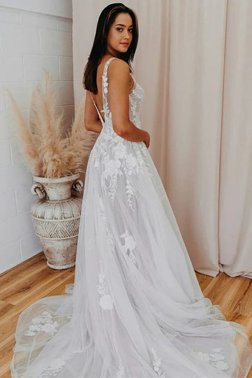 A-Line V Back Long White Wedding Dress with Lace Appliqued Open Back Beautiful