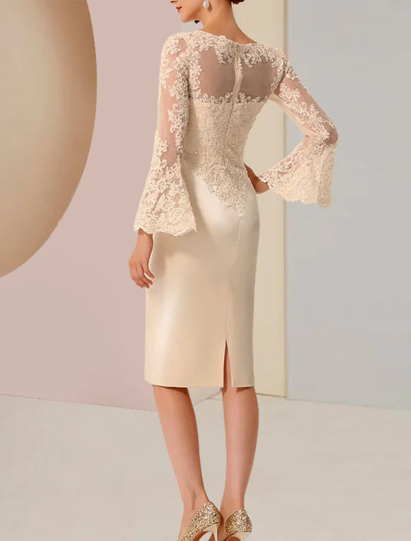 Sheath / Column Mother of the Bride Dress Wedding Guest Elegant Vintage Luxurious Jewel Neck Knee Length Satin Lace Long Sleeve with Beading Appliques Champagne