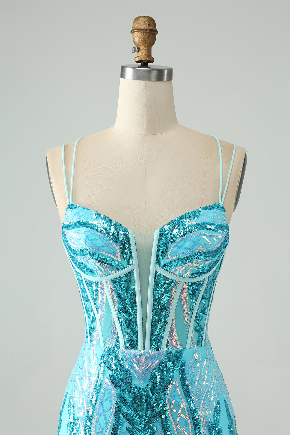 Gorgeous Blue Bodycon Spaghetti Straps Corset Homecoming Dress with Sequins Sparkly