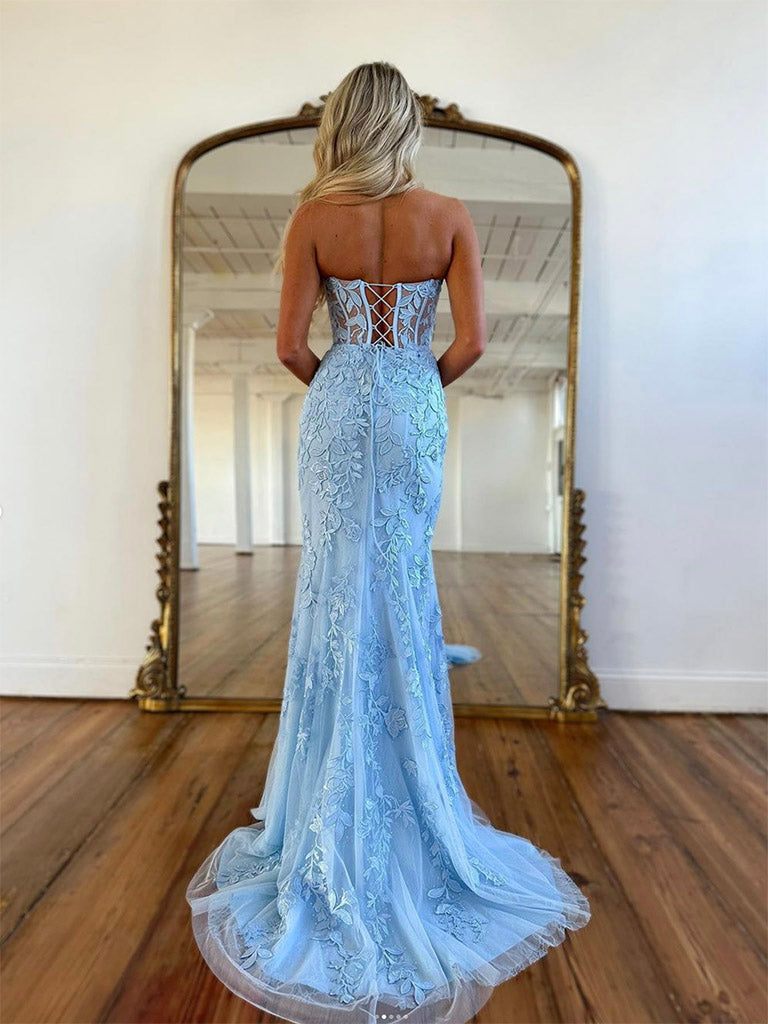 Light Blue Sweetheart Neck Lace Tulle Mermaid Long Prom Dress Strapless Formal Dress with Appliques