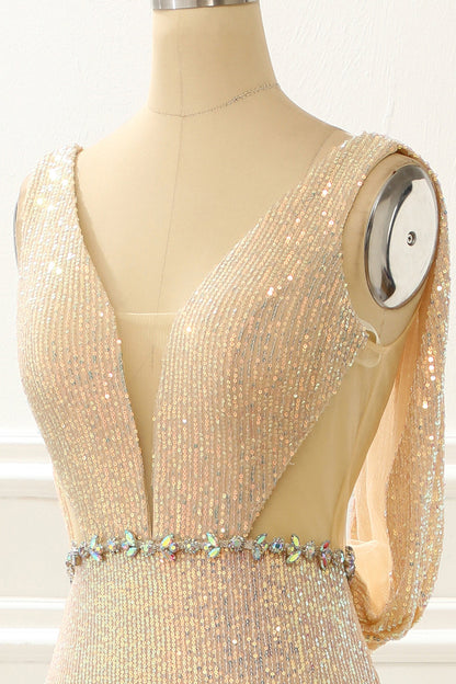Champagne Sequins Long Prom Dress With Slit V-neck Sexy Sparkly