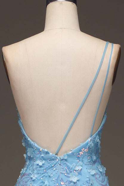 Sparkly Light Blue Mermaid Long Appliqued Prom Dress With Slit One Shoulder With Flowers