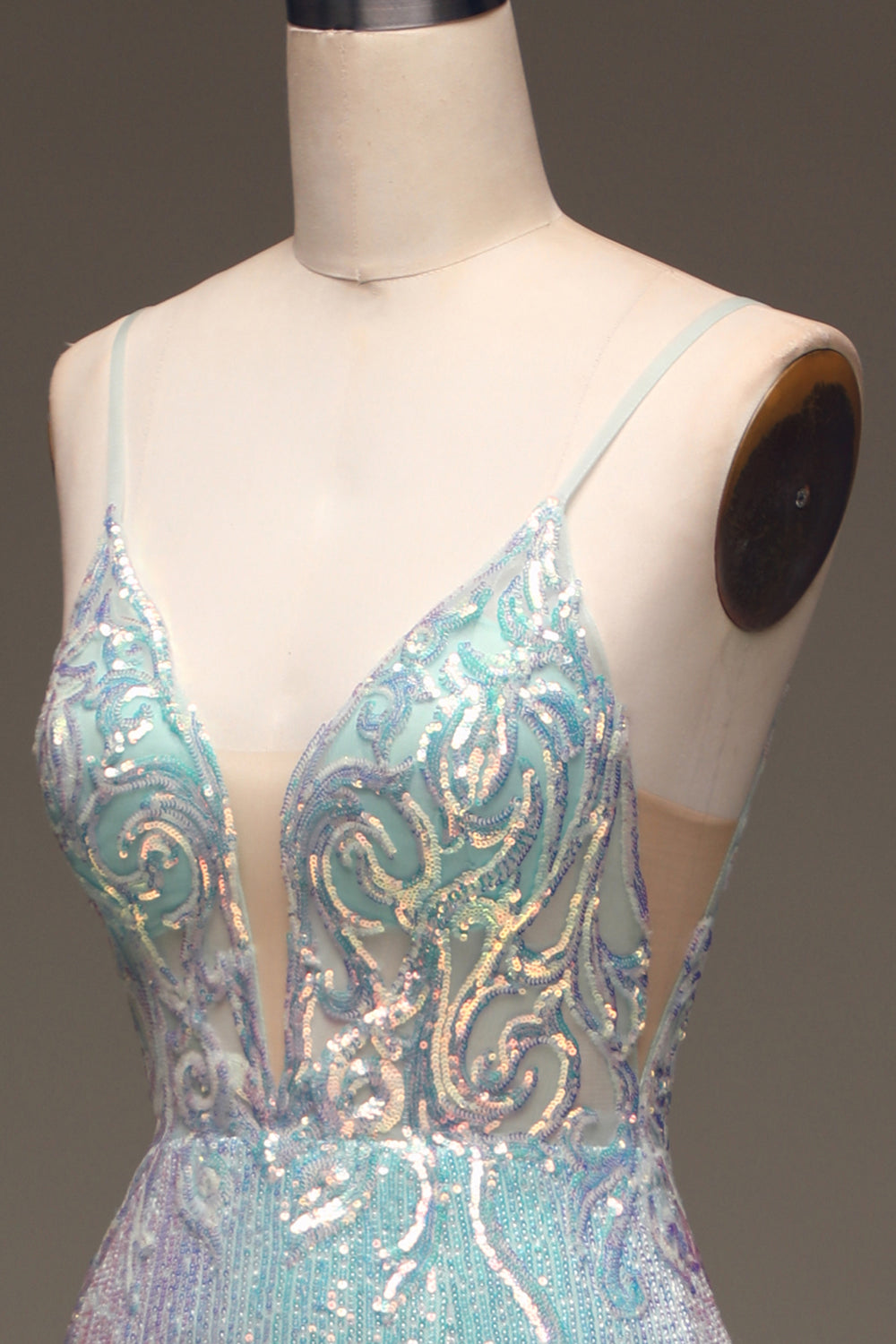 Mermaid Spaghetti Straps Grey Blue Prom Dress With Slit Sparkly Evening Dress